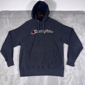 Champion Men's Faded Black Gym Hoodie Embroidered Knit Logo Spell Out Size L